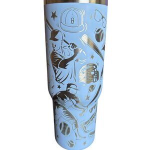 Laser Engraved 32oz Sports Tumbler, Baseball Theme, Dual Drink, Blue - New